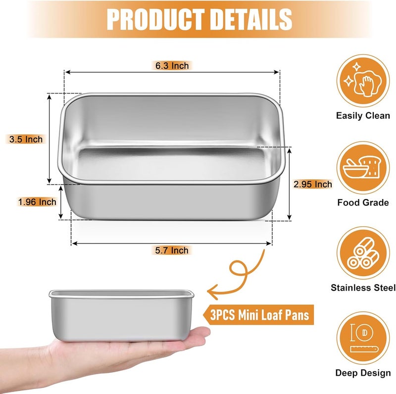 P&P CHEF مجموعة قوالب خبز صغيرة، 3 قطع قالب خبز صغير للخبز، 6.3 × 3.5 بوصة قوالب خبز من الفولاذ المقاوم للصدأ للخبز المنزلي، لحم مفروم، كعك وبراونيز، صحية وغير سامة، آمنة في غسالة الصحون - Image 2